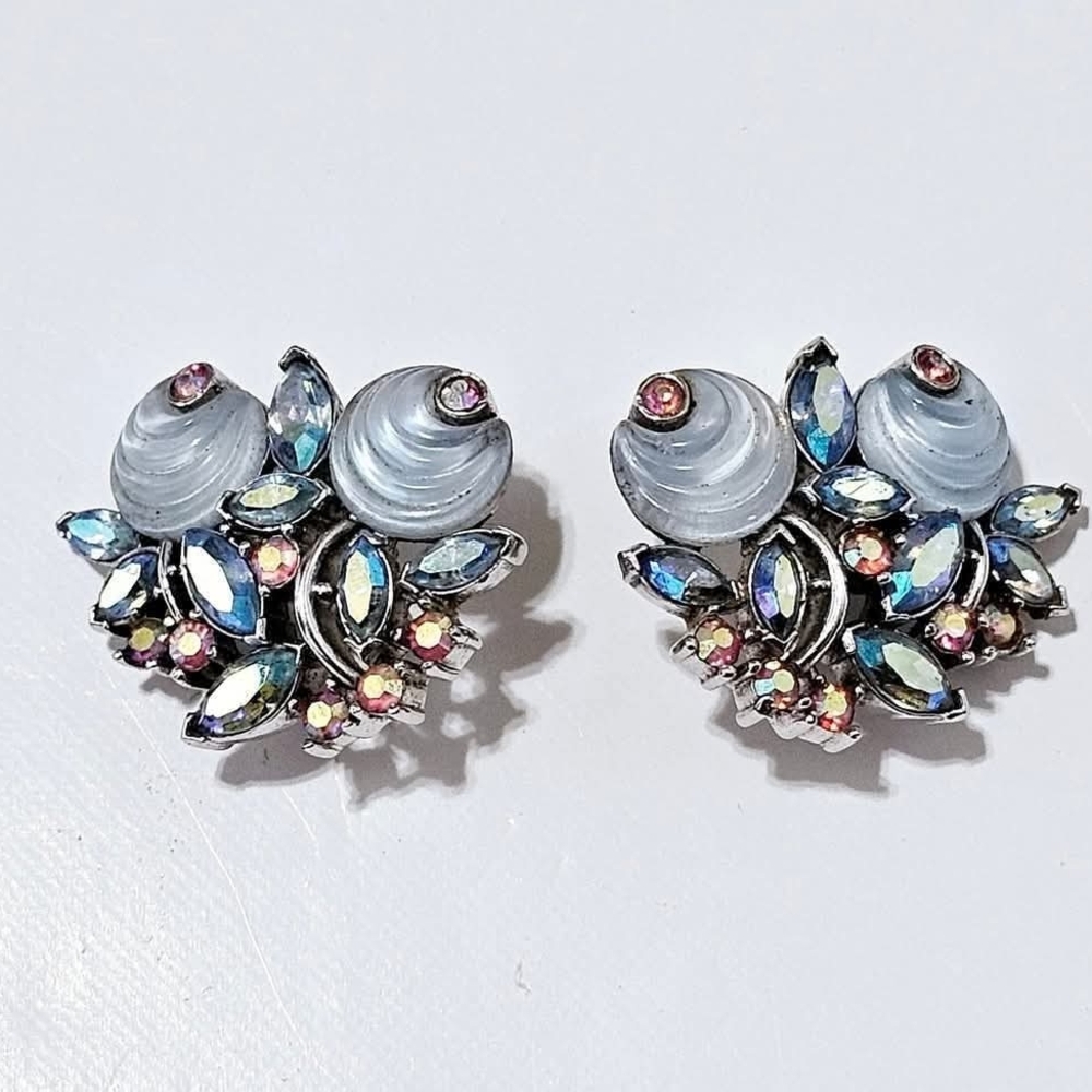 Trifari Silver and Blue Crystal "Shoe Button" Earrings